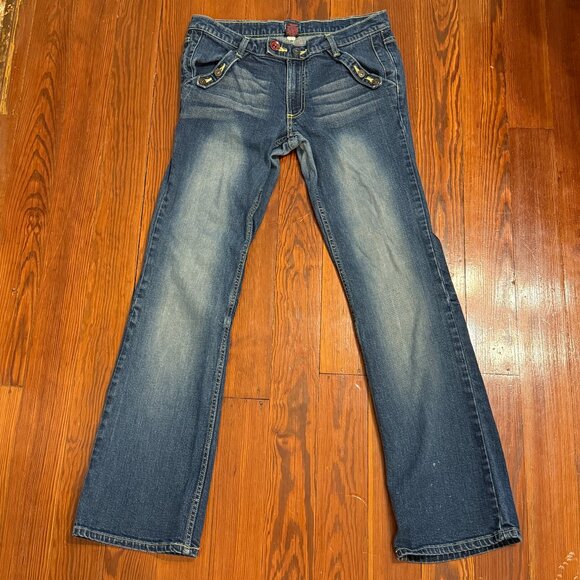 Y2K Fiorucci Jeans Angels Patch Low Rise Bootcut Dark Blue Wash Junior Sz 11 - Picture 1 of 16